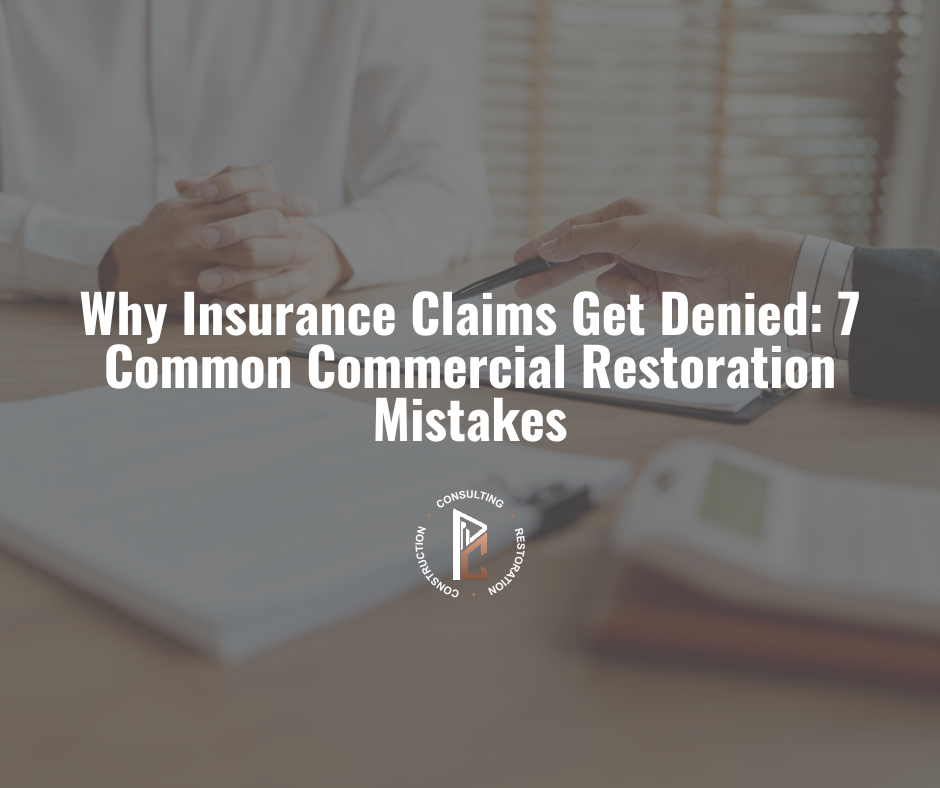 Business professionals reviewing commercial insurance claim documents - Why Insurance Claims Get Denied: 7 Common Commercial Restoration Mistakes by PCCC