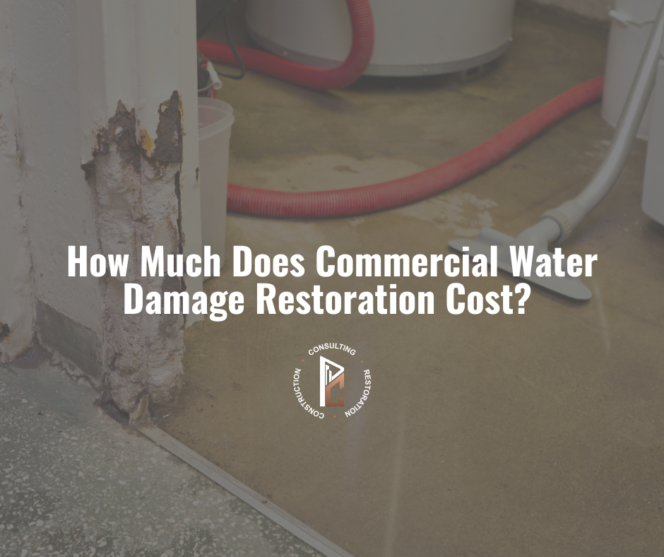 Water damage background with the question, "How much does commercial water damage restoration cost?"