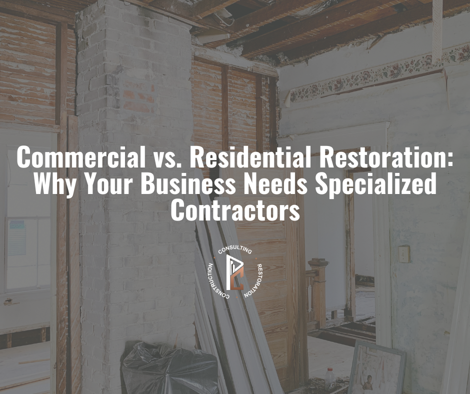 Commercial building restoration showing exposed structure and construction materials - Commercial vs Residential Restoration: Why Your Business Needs Specialized Contractors by PCCC