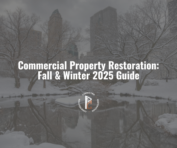 A graphic titled "Commercial Property Restoration: Fall & Winter 2025 Guide" overlays a winter scene showing snow-covered commercial buildings and bare trees in an urban park setting. The PCCC restoration and consulting logo appears in the center. The image conveys a cold, winter atmosphere relevant to seasonal property damage risks.
