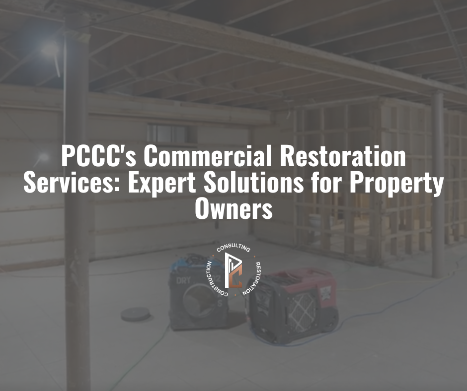 PCCC commercial restoration equipment at work in damaged commercial property with exposed ceiling