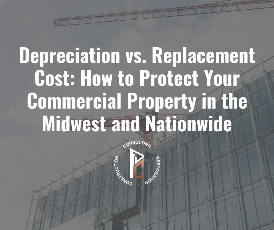 Depreciation vs. replacement cost for commercial property—modern glass building with construction crane in Midwest city, PCCC logo in foreground.