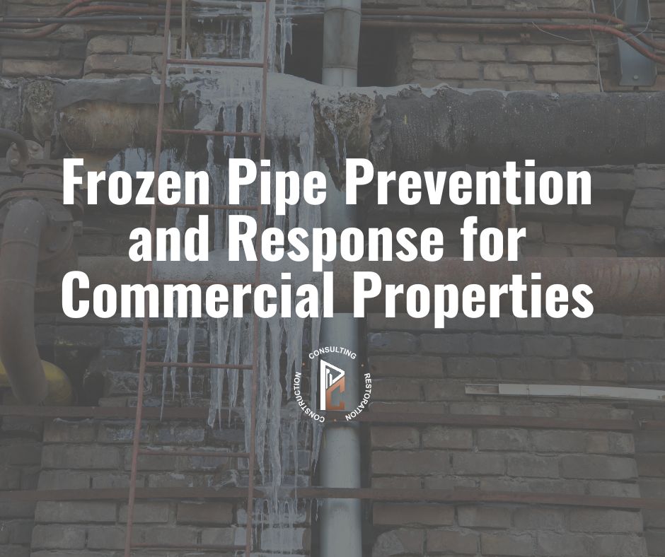 Frozen pipe prevention for commercial properties showing ice buildup on plumbing requiring emergency response